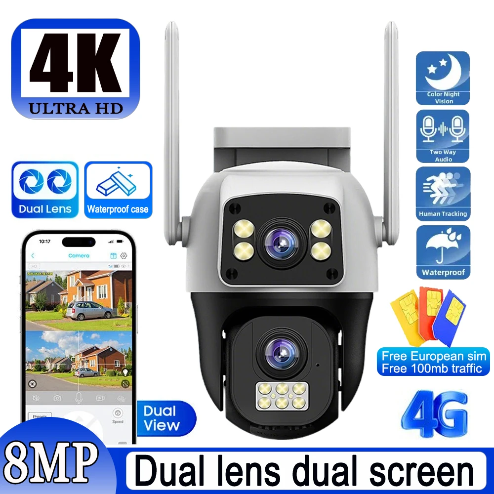 48MP 4G 심 카드 카메라 듀얼 렌즈 듀얼 스크린 무선 야외 감시 인체 감지 보안 보호 PTZ IP 카메라