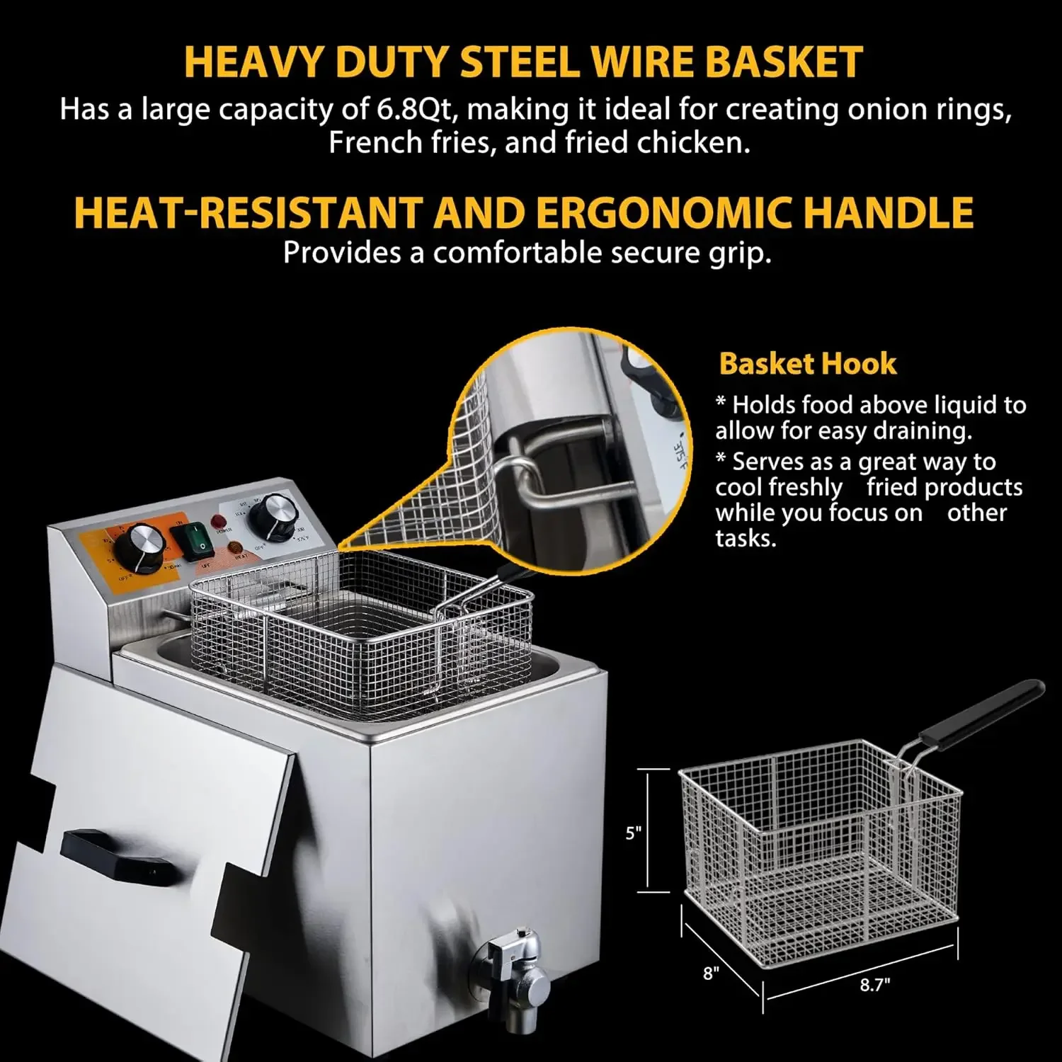 14 Qt. Electric Countertop Commercial Deep Fryer with 6.8 Qt. Basket, for Restaurant and Home-120V, 1700W, Stainless Steel