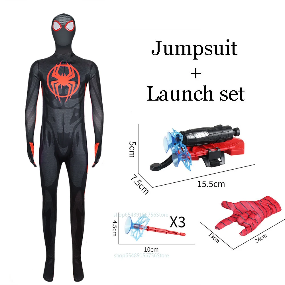 

Miles Morales Costume Kids Jumpsuit Superhero Spiderman Tights Milk Fiber Children Adult Bodysuit with Launcher Set