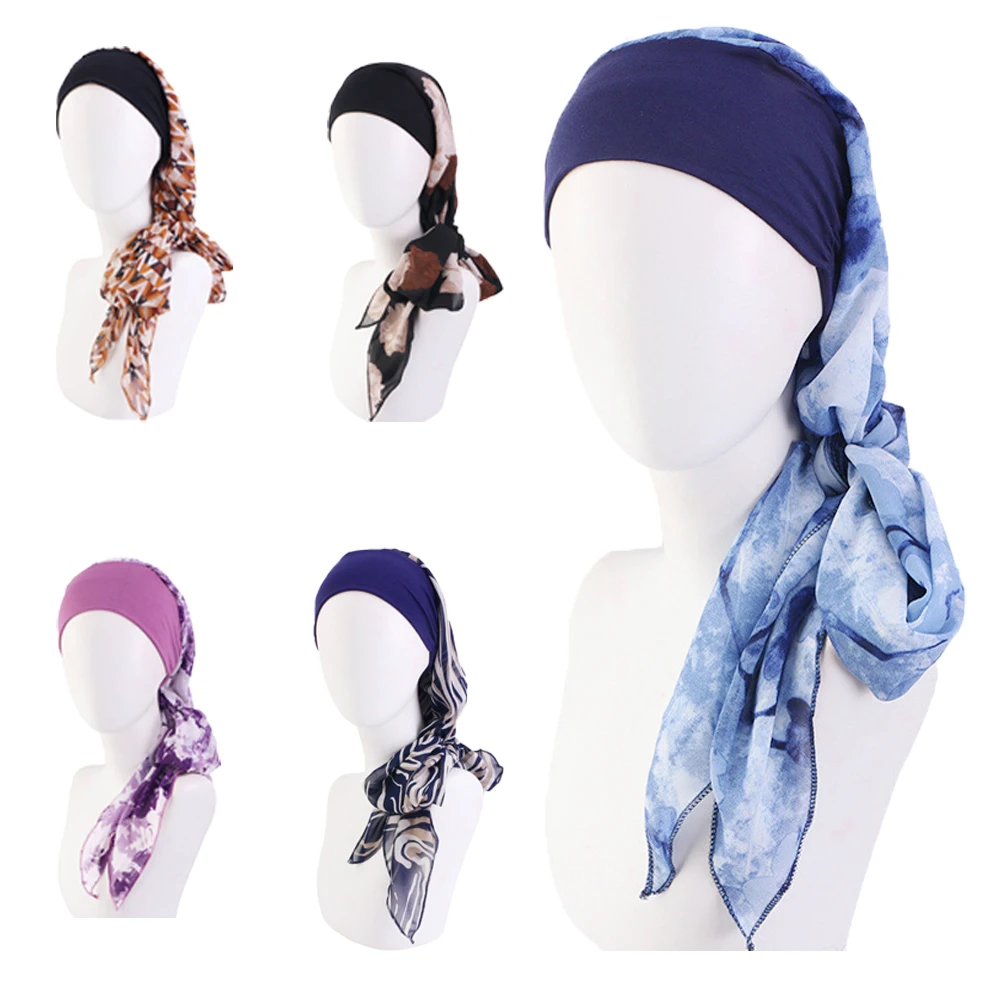 

Muslim Women Hijab Turban Print Scarf Bandana Pre-Tied Chiffon Headscarf Cancer Chemo Cap Hat Hair Loss Cover Head Wrap Headwear