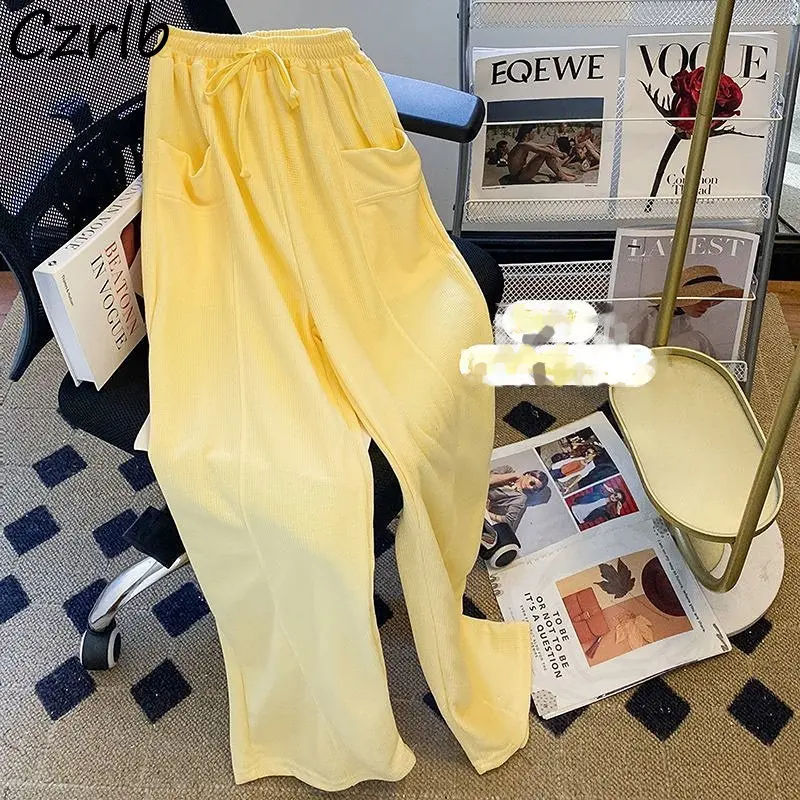 YellowBaggyPantsforWomenWideLegTrousersElegantSolidHighWaist