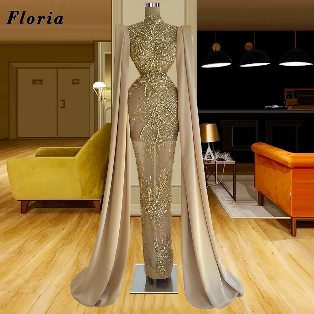 

Вечерние платья цвета шампанского Floria с длинными рукавами-крылышками и бусинами ручной работы роскошное свадебное платье-Русалка из Дубая платье с красной ковровой дорожкой