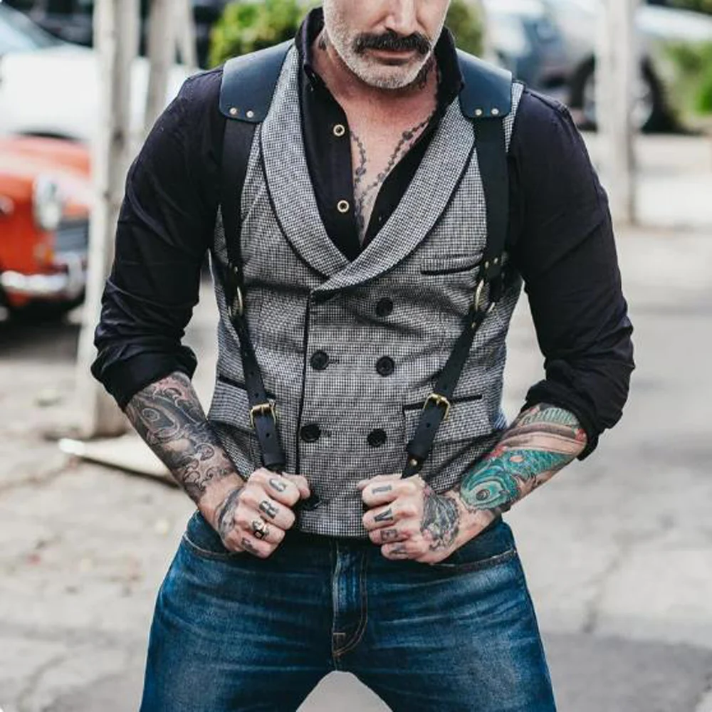 Houndstooth Fabric Gilet Men Double Breasted Vests for Men Lapel Vest Man Dress Waistcoat Men's Luxury Clothing Steampunk Male