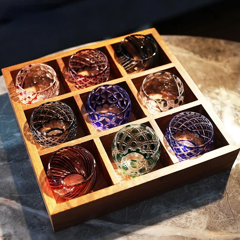 Japanese Jiugongge Colored Crystal Glass Ice Wine Water Glasses Crystal Set Fruit Blossom Rice Wine Cups with Wooden Box