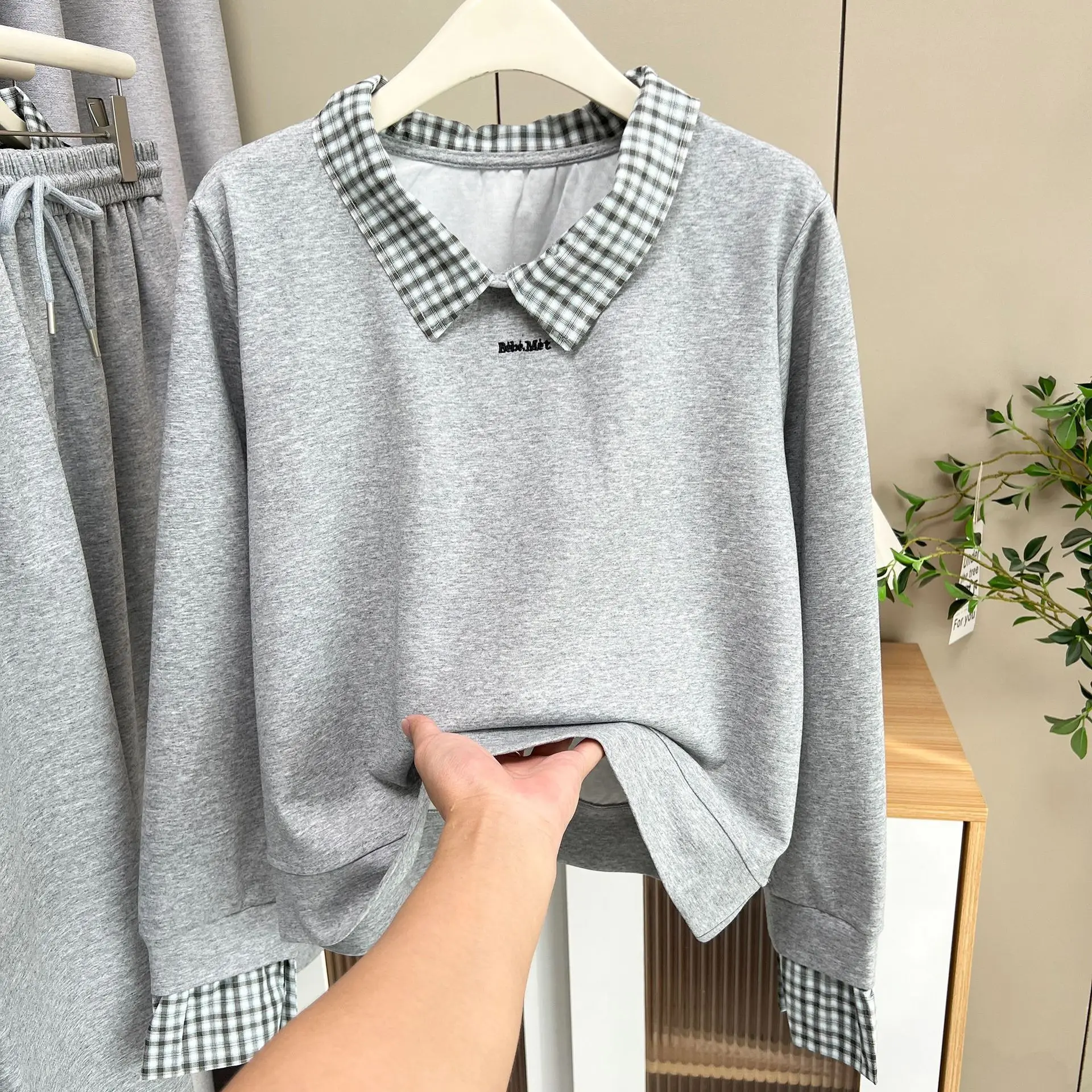 XXXXL Fashion Plus Size Women's Sets 2025 Autumn Casual Lapel Plaid Patchwork Sweatshirt And Skirt Two Piece Set