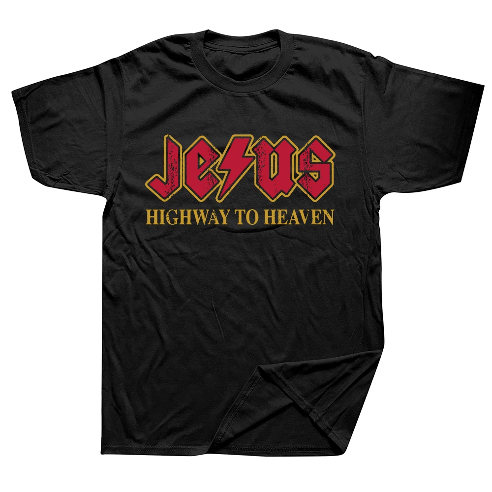 Lustiges Jesus Rocks Highway to Heaven T-Shirt aus reiner Baumwolle, Streetwear, Humor-T-Shirt, locker geschnittene Kleidung für Männer und Frauen, Kurzarm.