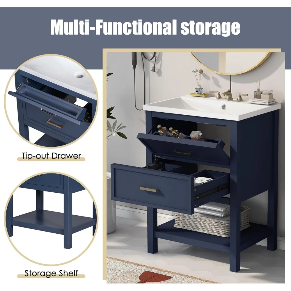 24" Bathroom Vanities with Ceramic Single Sink Combo, Modern Undermount Bathroom Sink Cabinet with 2 Drawers & Open Self