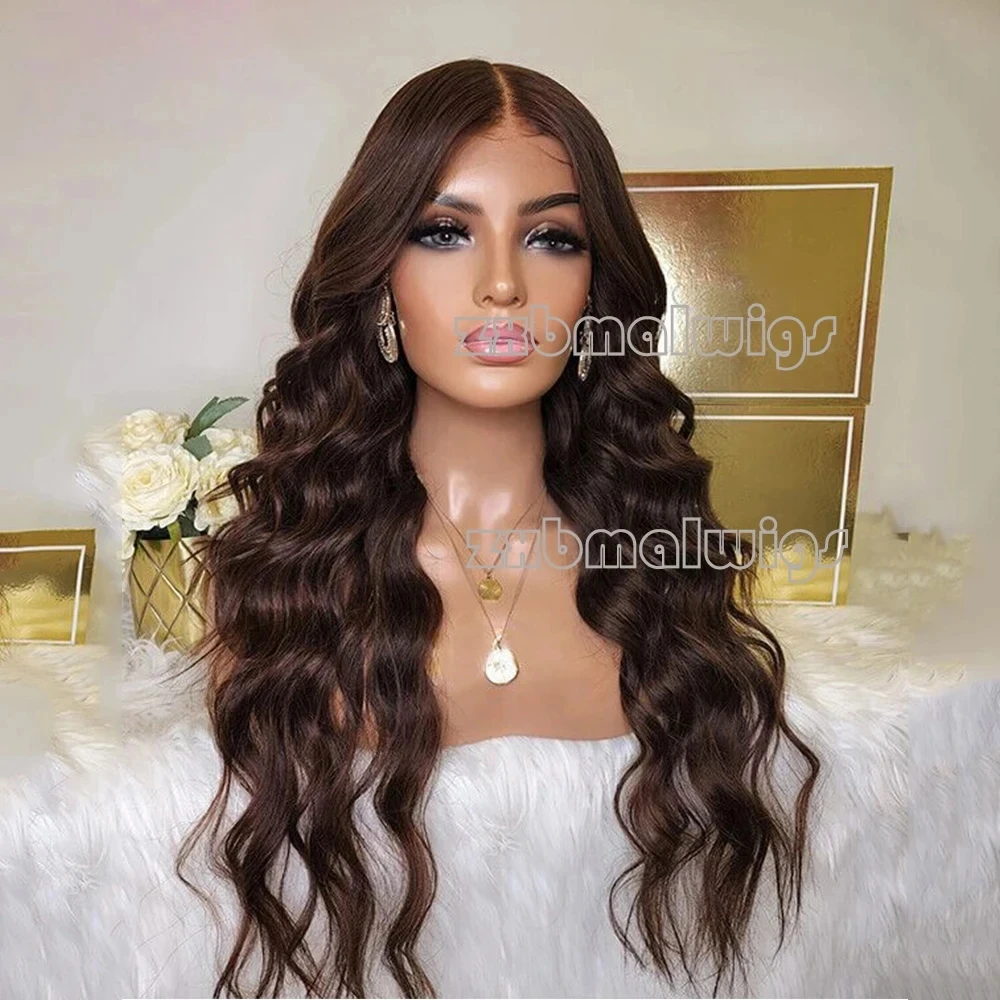 

ZXBMALWIGS Preplucked Dark Chocolate Brown Body Wave Synthetic Hair Lace Front Wigs for Women High Temperature Fiber Lace Wigs