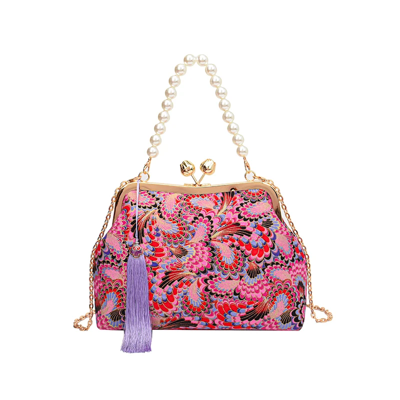 Designer Small Shoulder Bag Fashion Floral Women Evening Bag Satchel Vintage Clip Crossbody Purse Luxury Pearl Chain Handbag