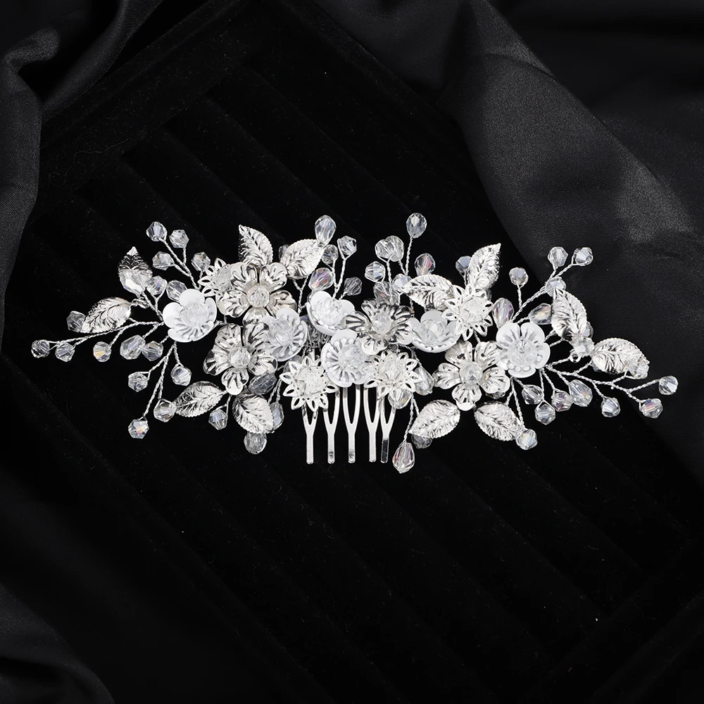 Silver Flower Crystal Bridal Hair Comb Women Handmade Wedding Head Jewelry Accessories Trendy Bride Party Prom Headpiece Tiaras 2 Silver Flower Crystal Bridal Hair Comb Women Handmade Wedding Head Jewelry Accessories Trendy Bride Party Prom Headpiece Tiaras - Image 2