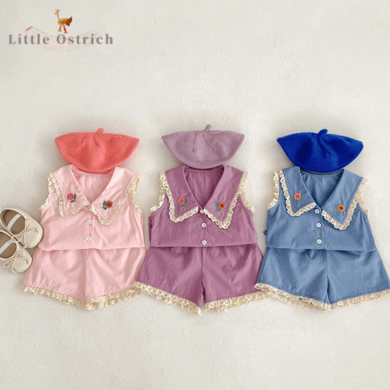 

Newborn Baby Girl Cotton Embroidery Flower Clothes Set Shirt+Shorts Child Lace Sleeveless Clothing Suit Shirt Baby Clothes 9M-3Y