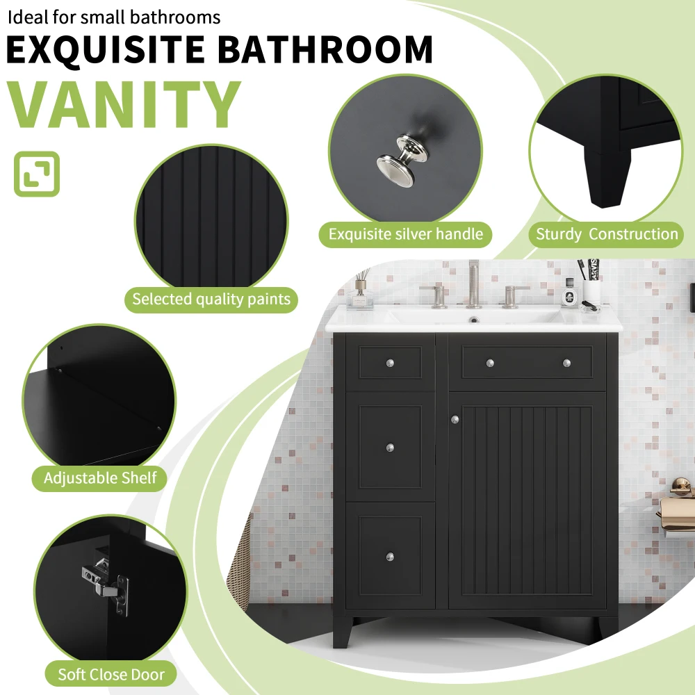 30-Inch Bathroom Vanity Cabinet with Ceramic Basin, Double-Layer Drawer, Deep Drawer and Adjustable Shelf 4