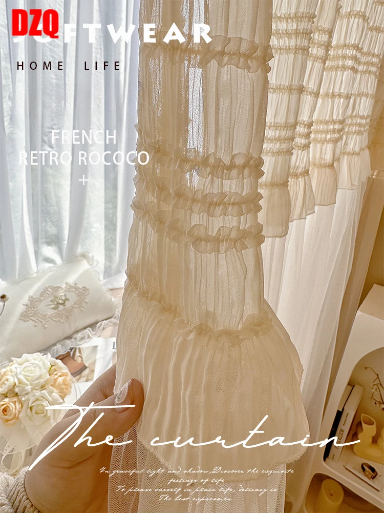 

French Light Luxury Vintage Cream Beige Lace Light-through Gauze Curtains Girls Room Princess Style Bedroom Balcony Screen