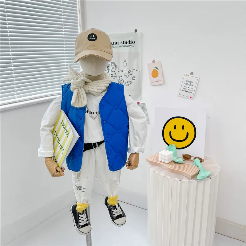Children Vest New Autumn Winter Sleeveless V-Neck Solid Casual Vest Baby Fleece Lined Warm Kids Coat Padded Waistcoat Boys Girls