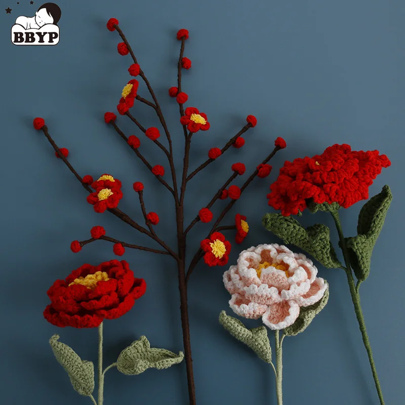 Amigurumi Crochet Yarn Rose Lily Home Decor Wool Hand Knitting Peony Flowers Wintersweet Plant Artificial crochet flower decor
