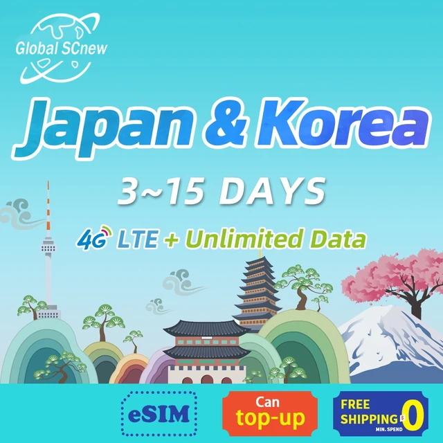 Japan/Korea SIM Card 4G LTE High speed Data Unlimited Data 1-15 days Support eSIM Maxis Top product