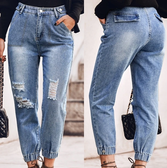 

Women's Jeans 2024 New Fashion Street Women's Wear Perforated Simple Pocket Design Blue Curled Edge Jeans Cropped Pants