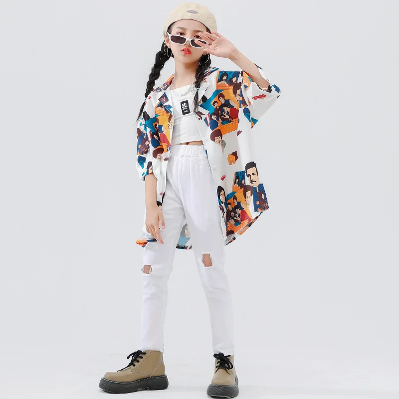 

Kid Kpop Hip Hop Clothing Vintage Print Short Sleeve Shirt Top White Slim Hole Ripped Pants for Girl Jazz Dance Costume Clothes