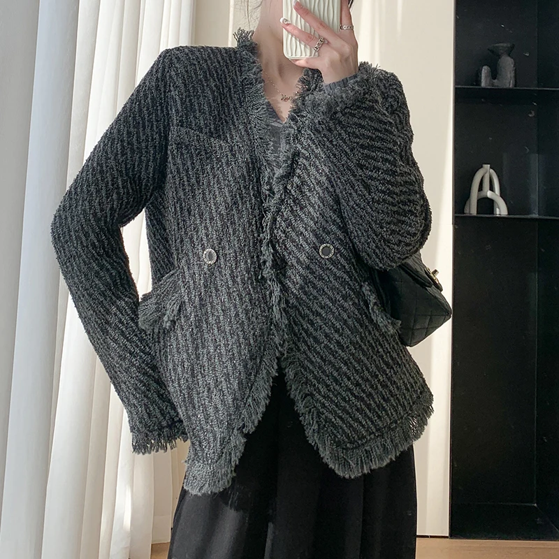 

Женский твидовый однобортный пиджак, элегантный шерстяной костюм с бахромой, зима 2024