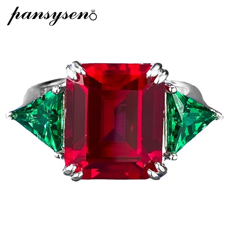 

PANSYSEN Vintage 925 Sterling Silver 10x12MM Emerald Cut Ruby Emerald Gemstone Rings for Women Anniversary Party Fine Jewelry