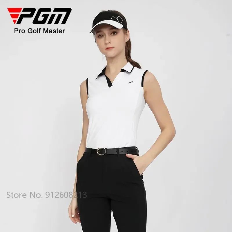 PGM Summer Women Slim Golf T-shirts Quick-dry Sleeveless Golf Vest Female V-neck Tank Tops Breathable Casual Sportswear S-XL
