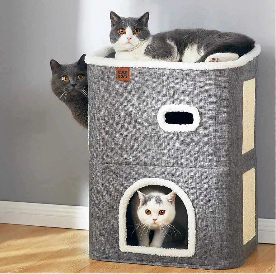 

2-Storey Cat House for Indoor Cats Bed Covered Cat Beds & Furniture with Scratch Pad and Hideaway Cave Cute Modern Cat Condo