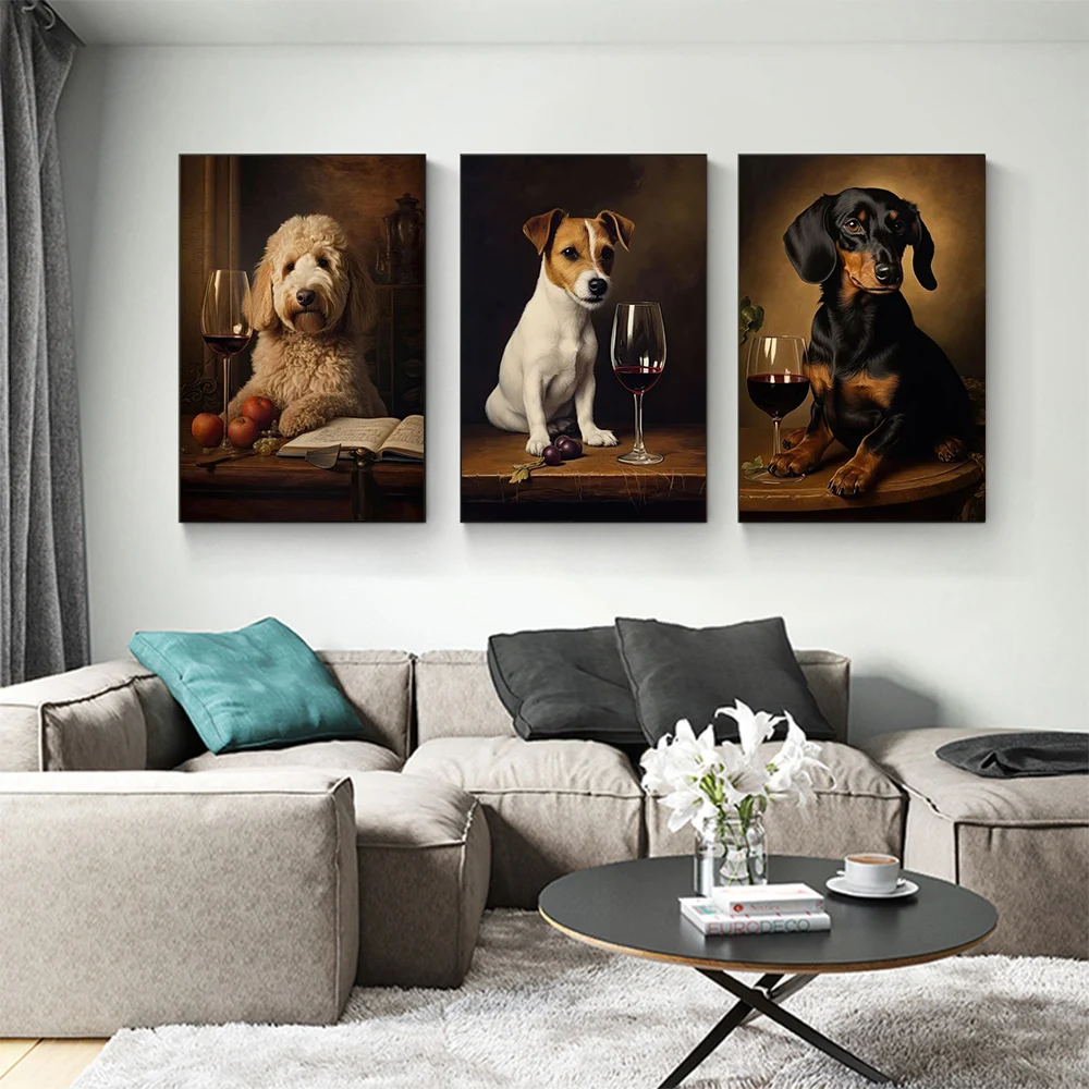 

Dogs Portraits Dachshund Goldendoodle Schnauzer Enjoying Wine Canvas Painting Animal Poster and Print For Home Decor No Frame