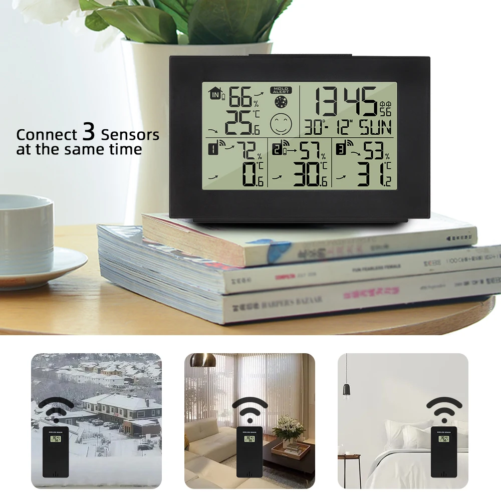 

FanJu Thermometer Hygrometer Alarm Clock Digital Electronic Calendar Desktop Watch Table 3 Wireless Sensor Home Office Tool