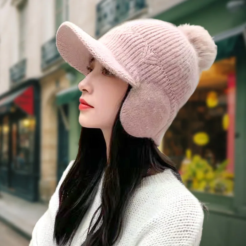 Knitted Earflap Hat Winter Warm For Women's Solid Color Pompom Ear Protection Baseball Cap Female Outdoor Cycling Earmuff Caps knitted earflap hat