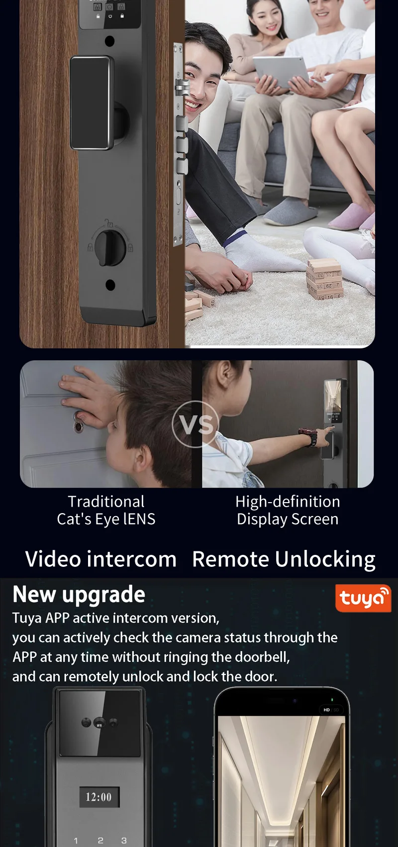 Tuya APP Smart Life APP Control Voice Intercom Smart Lock 3D Face Recognition Fingerprint Password Smart Door Lock With Camera