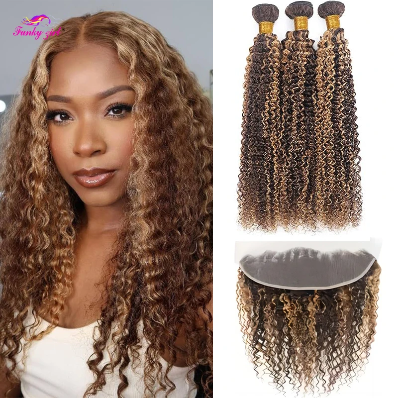 

P4/27 Ombre Honey Blonde Kinky Curly Bundles With Closure Transparent Lace Highlight Hair Bundles With Frontal Brazilian Hair