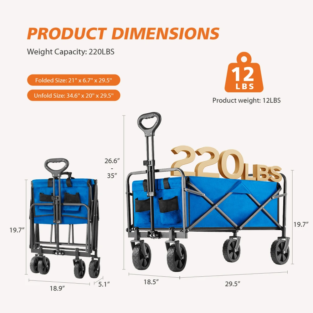 Folding Wagon Cart with Wheels Foldable Grocery Cart Small Blue All-Terrain Wheels Drink Holders Sports Wagon Camping Shopping