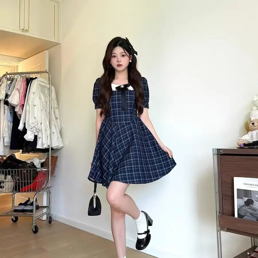 

Doll Collar Plaid Dress Women Summer College Style Design Princess Dress Bubble Sleeve Waist Closing Skirt Sweet SpiceGirlsWomen