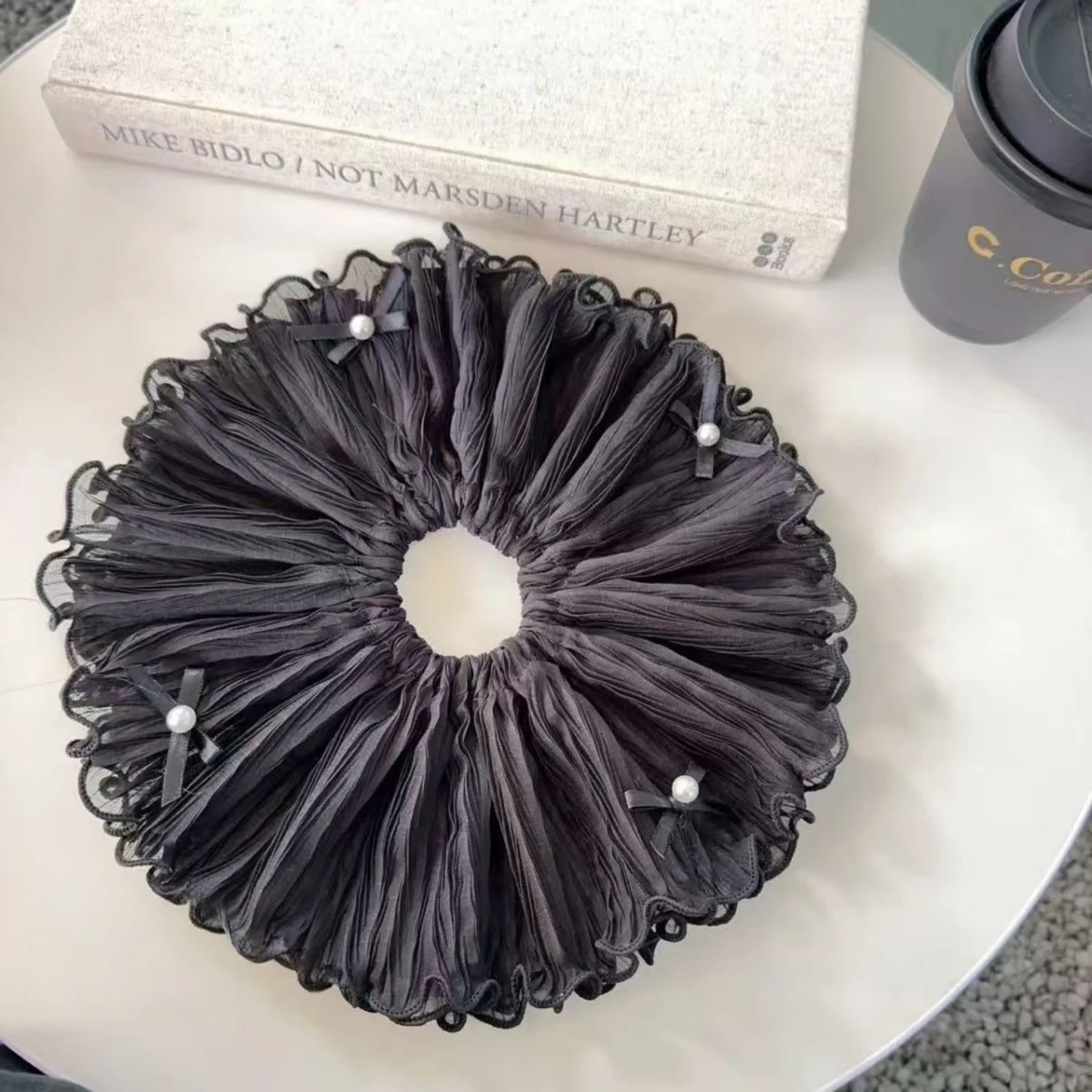 1PC Ruffled Satin Shower Caps with Pearl Bows, Multi - Color Set (Blue, White, Black), Elegant Hair Care Accessories for Women