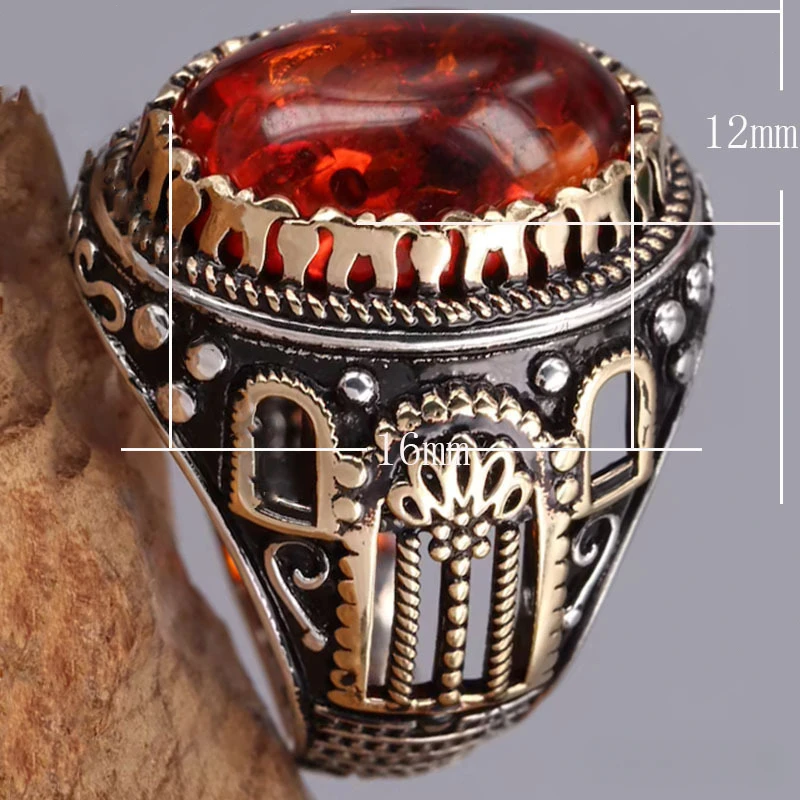 Retro Two Tone Men's Ring Black Agate Ring Retro Personality Ring Vintage Turkish Double Swords Black Red Stone Rings Jewelry - Image 4