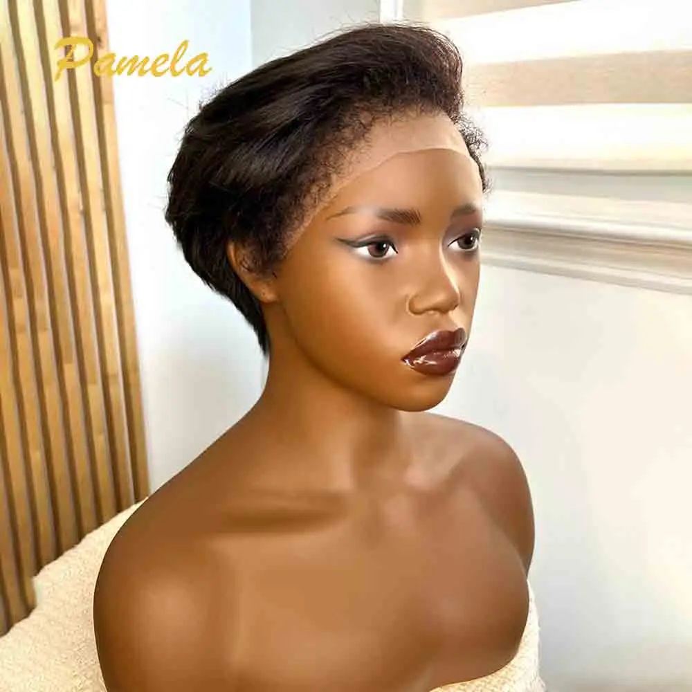 Kinky Edges Natural Hairline Pixie Cut Short Bob Straight Transparent Lace Front Glueless Prepluked Wig Human Hair Ready To Wear
