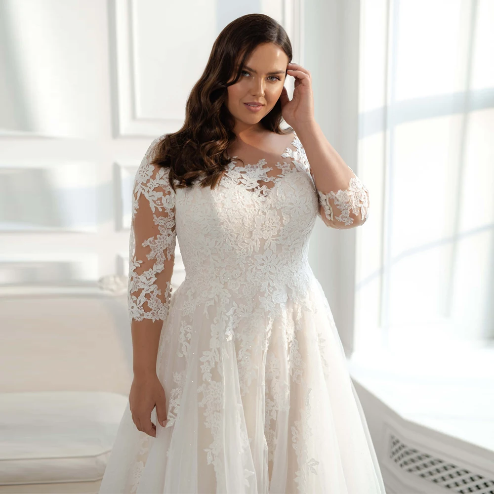 Eleagnt Wedding Dress Plus Size 3/4 Sleeves Glitter Tulle Lace Applique  Vestido De Noiva Bride Dresses Big Size Women Modest New - AliExpress