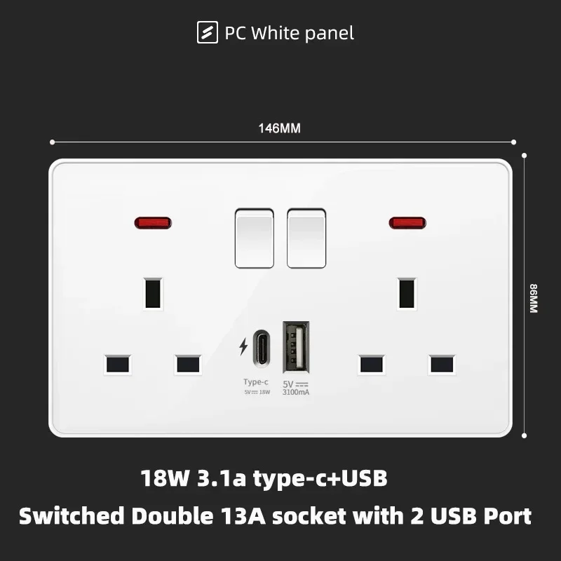 2gang 13A USB C 18W,110-250V