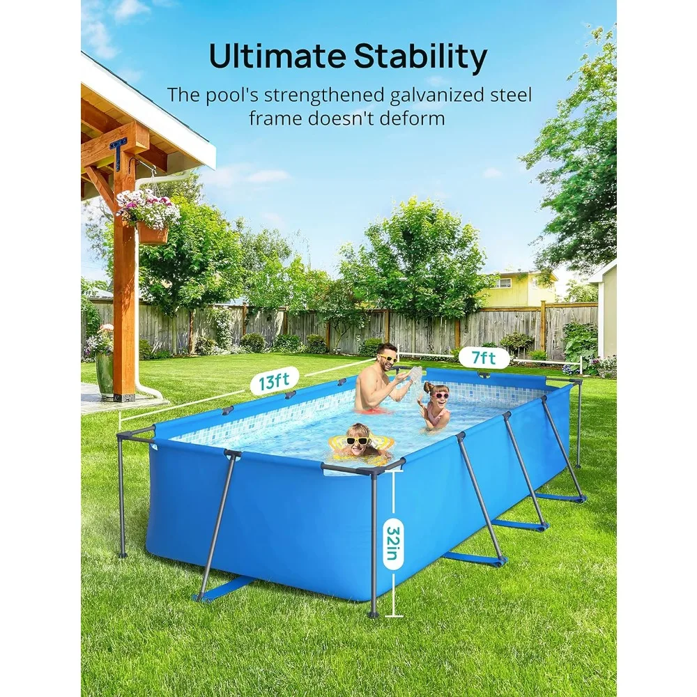 14ft x 7ft x 33in Metal Frame Swimming Pool, Outdoor Rectangular Above-Ground Pool with Steel Frame, Heavy-Duty PVC