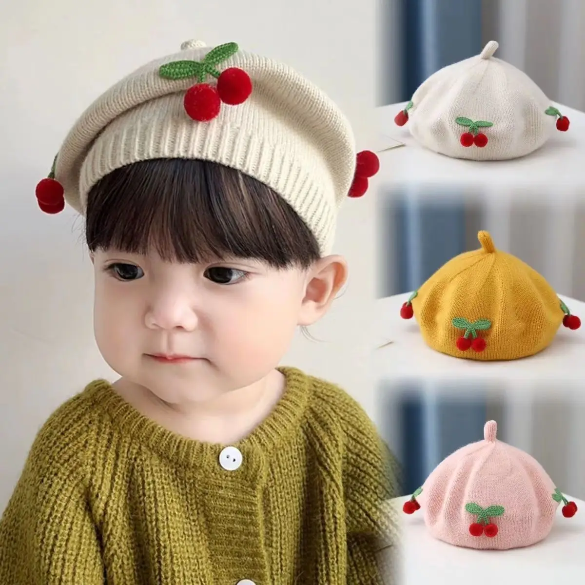 New Fashion Spring and Autumn Girl Children British Painter Hat Baby Wool Fashion Kawaii Cherry Women Beret Caps women hat,woolen hat,children beret