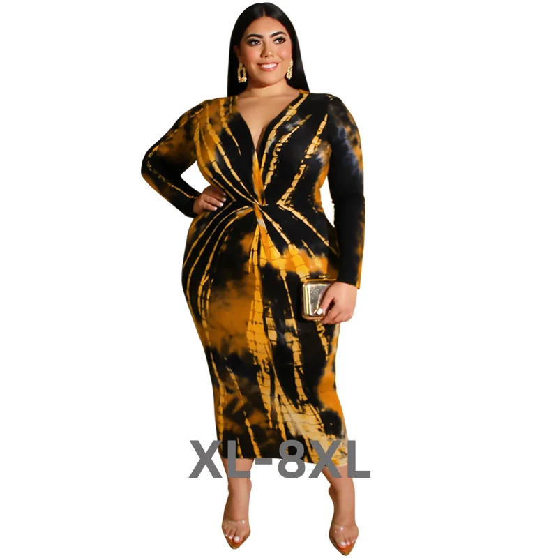 

Plus Size Elegant v Neck Bodycon Dresses Long Sleeve Tie Dye Dress Casual Woman Clothing Wholesale Dropshippin 3xl 4xl 5xl 6xl