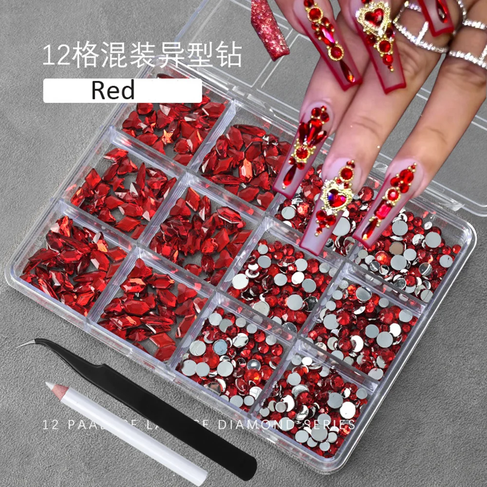 12칸 3D 베이비 블루 다양한 모양 네일아트 라인스톤 플랫백 레진 다이아몬드 고급 네일 참 DIY 네일 팁 데코레이션용