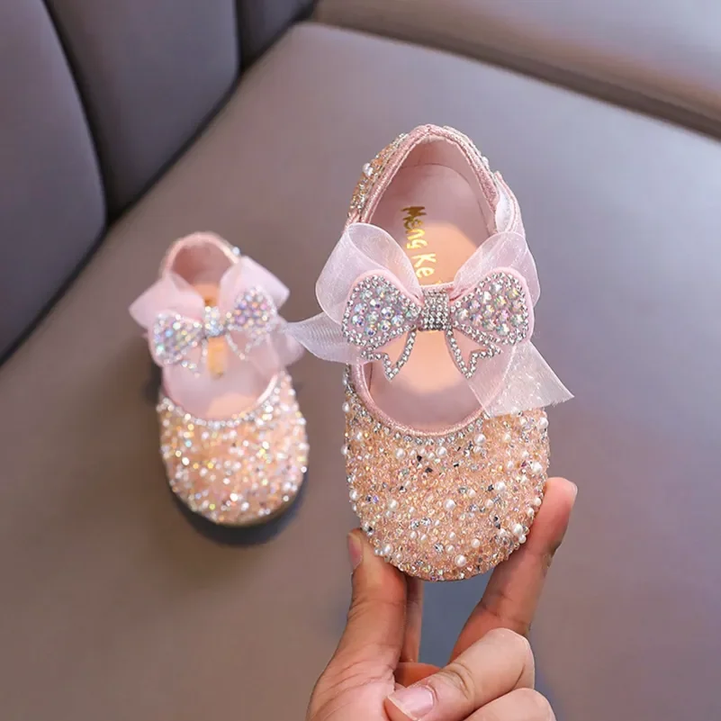 

2023 Children's Sequined Leather Shoes Girls Princess Rhinestone Bowknot Single Shoes Fashion Baby Kids Wedding Shoes