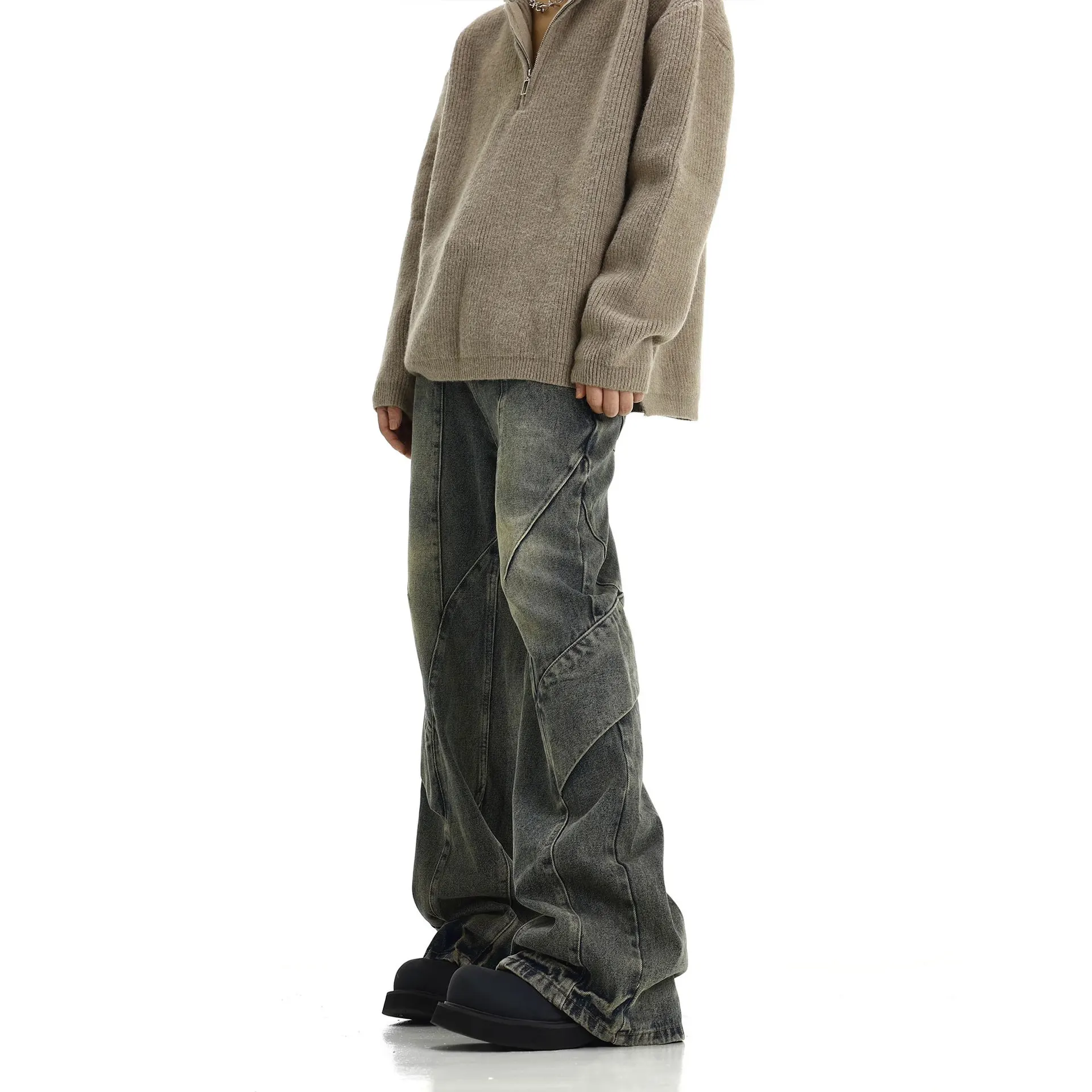 Men's Clothing Y2k Baggy Jeans New American Retro Man Pants Distressed Washed Yellow Mud Irregular Splicing Micro Flared Jeans