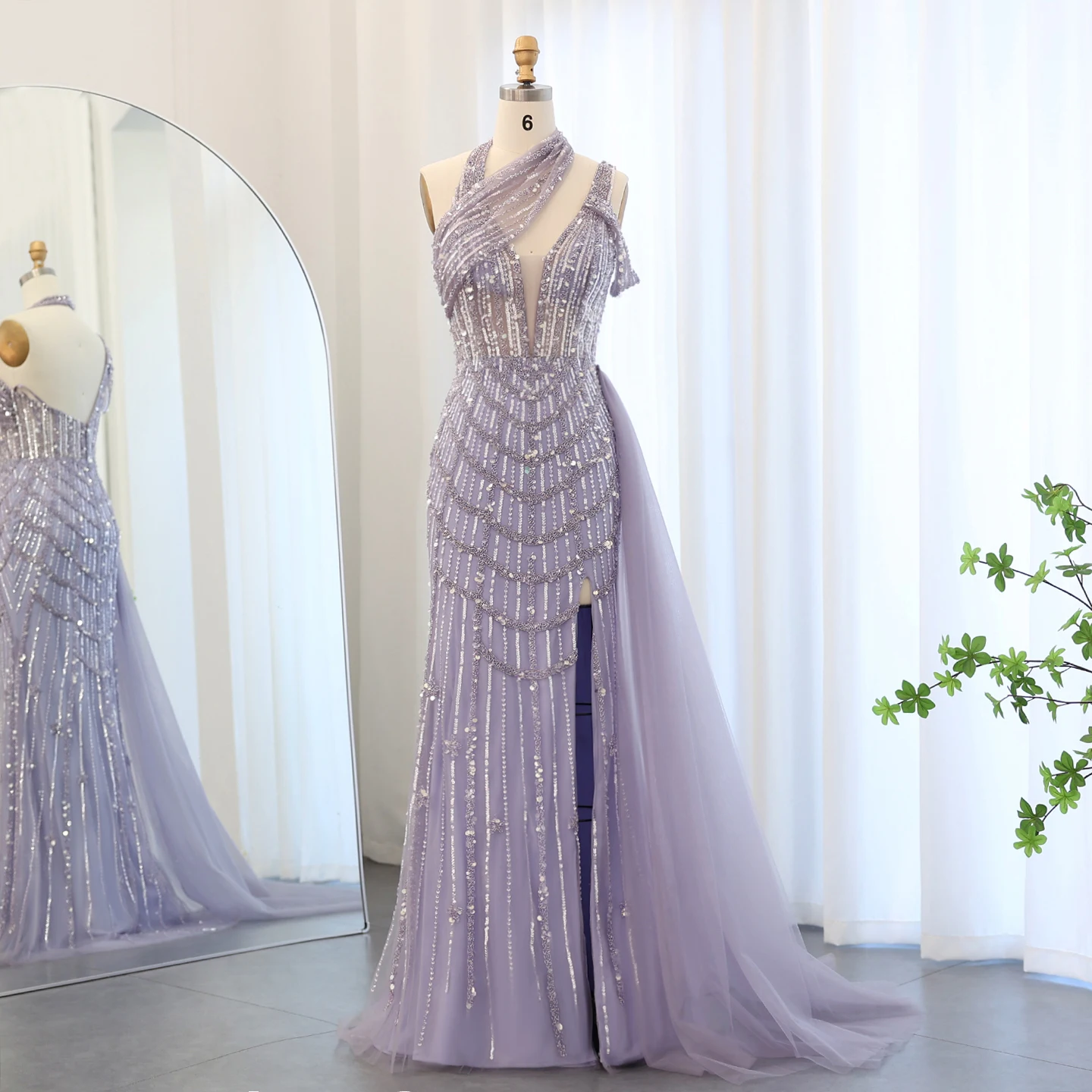Glamorous Mermaid V-Neck Sleeveless Sheer Beaded Corset Ruched Tulle Evening Dress With Slit & Overskirt