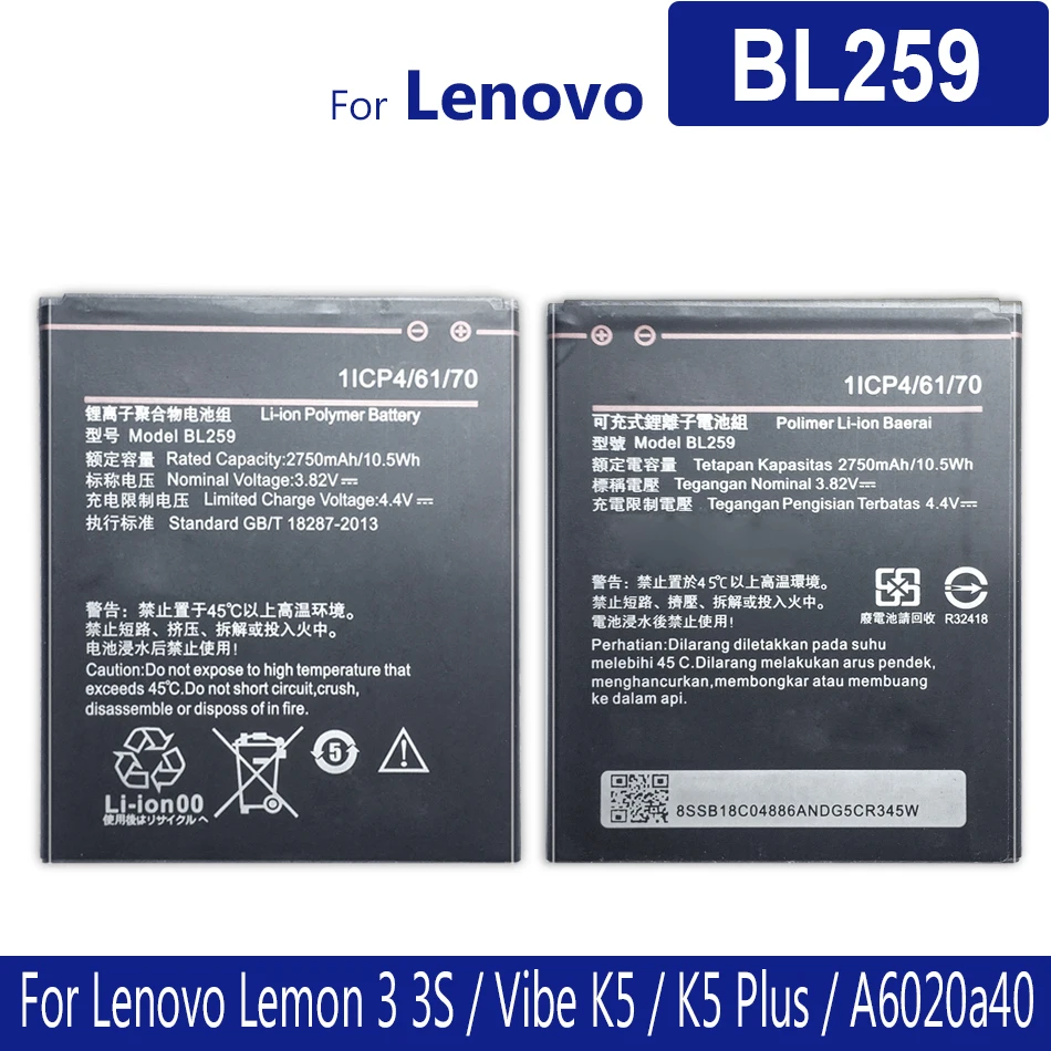 

3450mAh BL259 Battery For Lenovo Vibe K5 Plus K32C30 K32C36 Lemon 3 3S Vibe K5 A6020a40 A6020 A40 A 6020a40 High Quality Battery