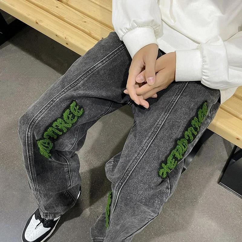 Jeans for Men With Print Straight Trousers Grunge Y2k Graphic Baggy Low Rise Stretch 2023 Trend 90s Streetwear Mens Cowboy Pants