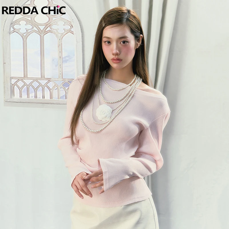 

ReddaChic Fairy Pink Pleated Knit Top Women Solid Casual Long Sleeves T-shirt Textured Pullover Undershirt Korean Y2k Streetwear