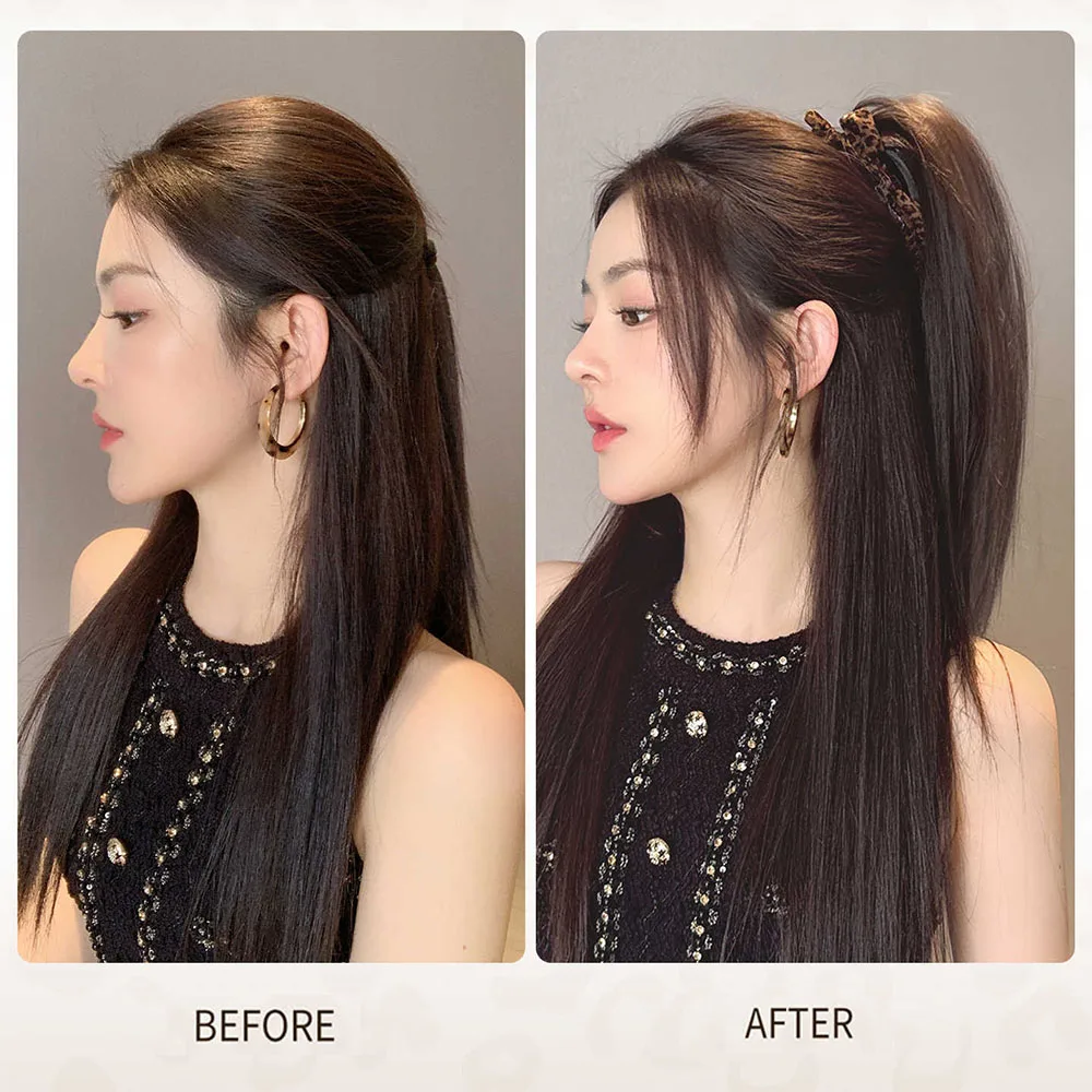 OLACARE 16인치 짧은 직모 합성 헤어, 레오파드 프린트 리본 헤어 클립, 하프업 하이 포니테일 가발, 여성용 데일리 웨어