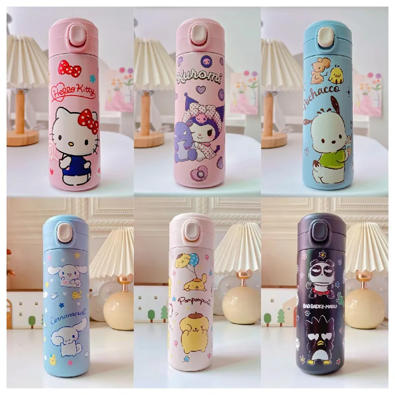 420ml Sanrio Hello Kitty Stainless Steel 316 Thermos Kawaii Kuromi Cinnamoroll Melody Kids Vacuum Flask Water Bottle Tumbler sanrio аниме hello kitty my melody cinnamoroll pompompurin kuromi kartoon фигурка строительные блоки детские кирпичи игрушки для детей